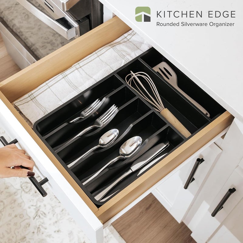 KitchenEdge Silverware Organizer - Cutlery, Flatware, and Utensil Holder for Kitchen Drawers, Fixed 10.5” Width, 7 Storage Compartments, Non-Slip Feet, Rounded Corners, 100% Bamboo, Black Finish - Image 2